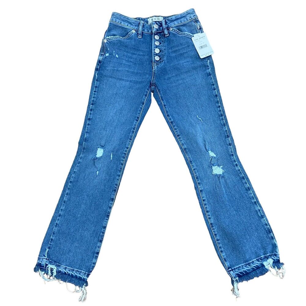 NWT Free People Dylan High Rise Button Front Cropped Blue Jeans Women’s Size 24